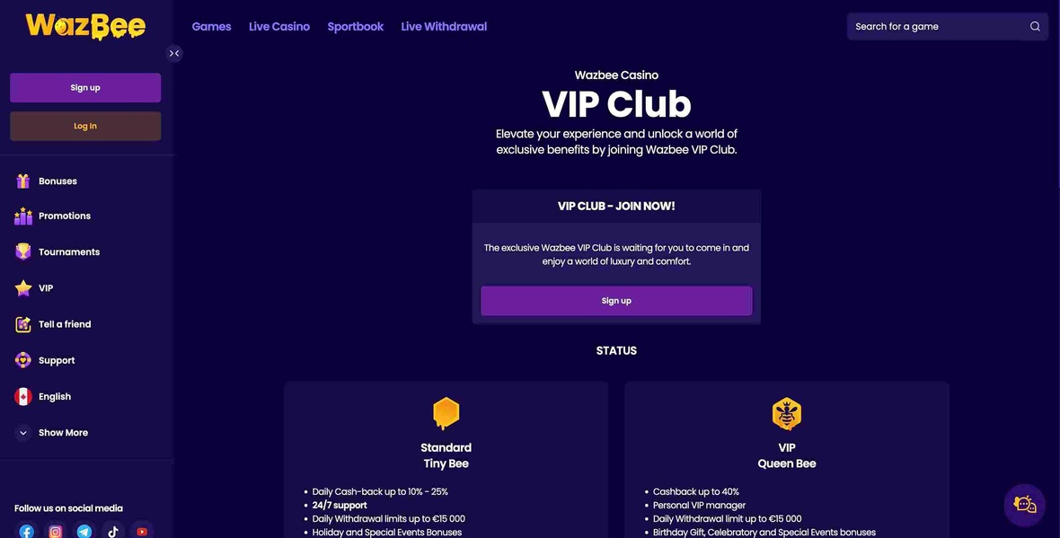 WazBee casino vip page