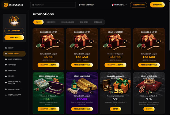 Page des promotions du casino Wild Chance