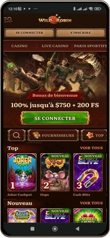 Capture d'écran de la page principale de Wild Robin Casino sur mobile