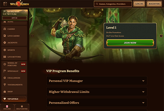Wild Robin casino vip page
