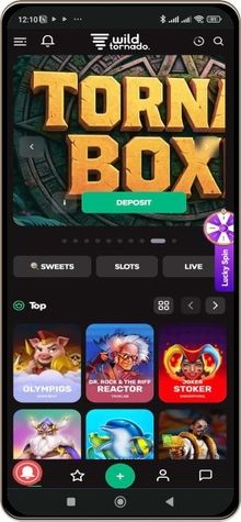 Mobile screenshot of the Wild Tornado Casino main page