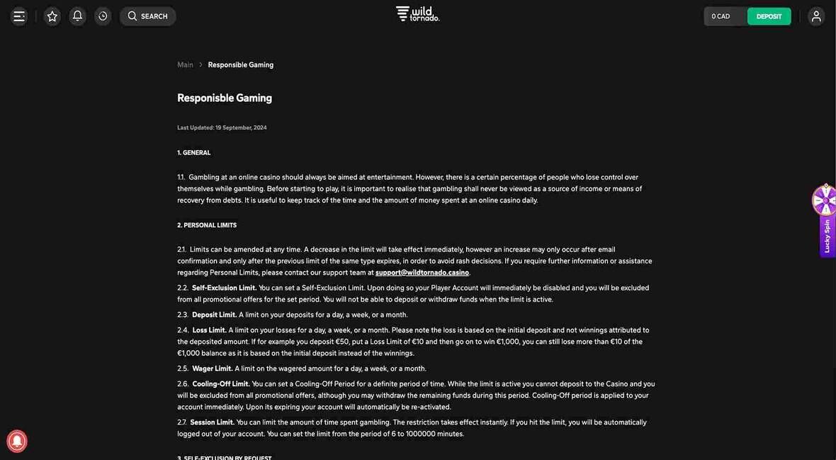 Image of Wild Tornado Casino page about responsible gaming