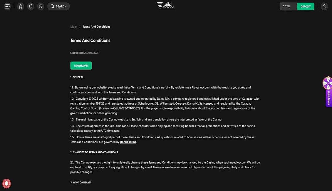 Image of Wild Tornado Casino Terms and Conditions page