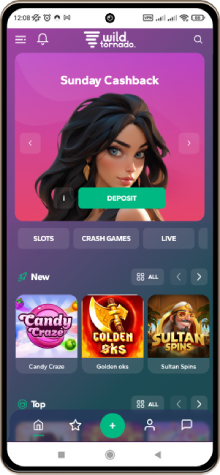 Mobile screenshot of the Wild Tornado Casino main page