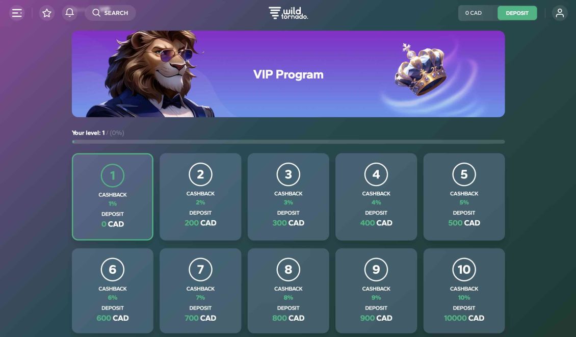 Image of Wild Tornado Casino page about VIP program