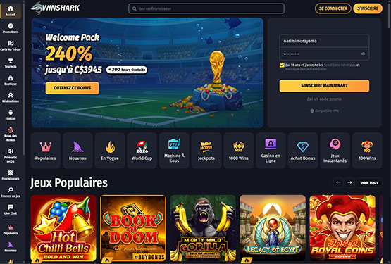 Page principale du casino Winshark