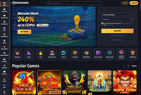 Winshark casino main page
