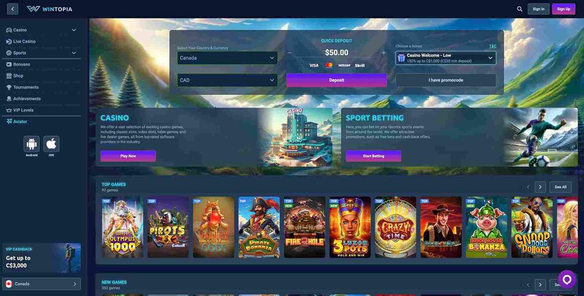 Wintopia casino main page