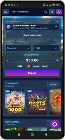 Mobile screenshot of Wintopia Casino