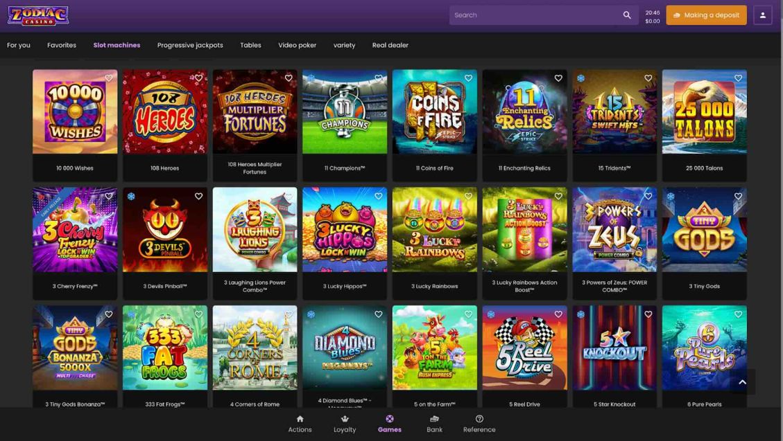 List of available games at Zodiac Casino