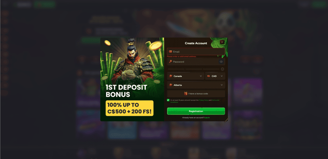 Screenshot of Asino Casino registration process - step 2