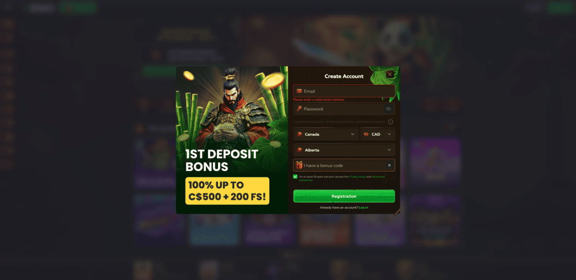 Screenshot of Asino Casino registration process - step 3