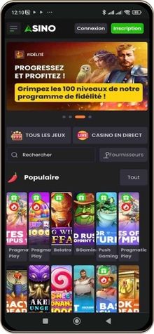 Capture d'écran de la page d'accueil du Casino Asino à partir d'un téléphone portable