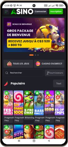 Capture d'écran de la page d'accueil du Casino Asino à partir d'un téléphone portable