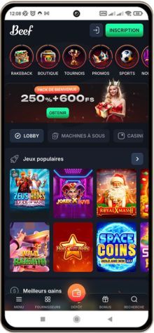Capture d'écran de la page principale de Beef Casino sur mobile