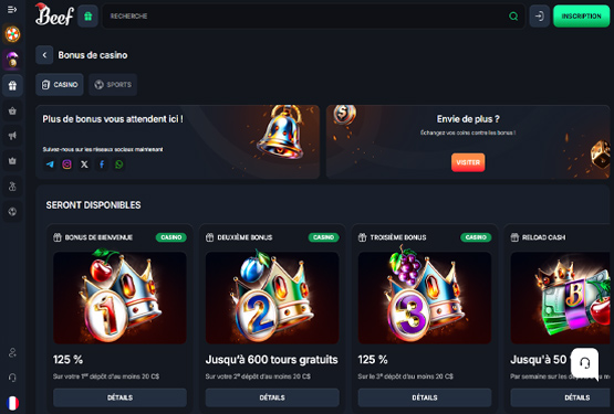 Page des promotions du casino Beef