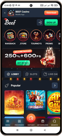 Mobile screenshot of Beef Casino main page