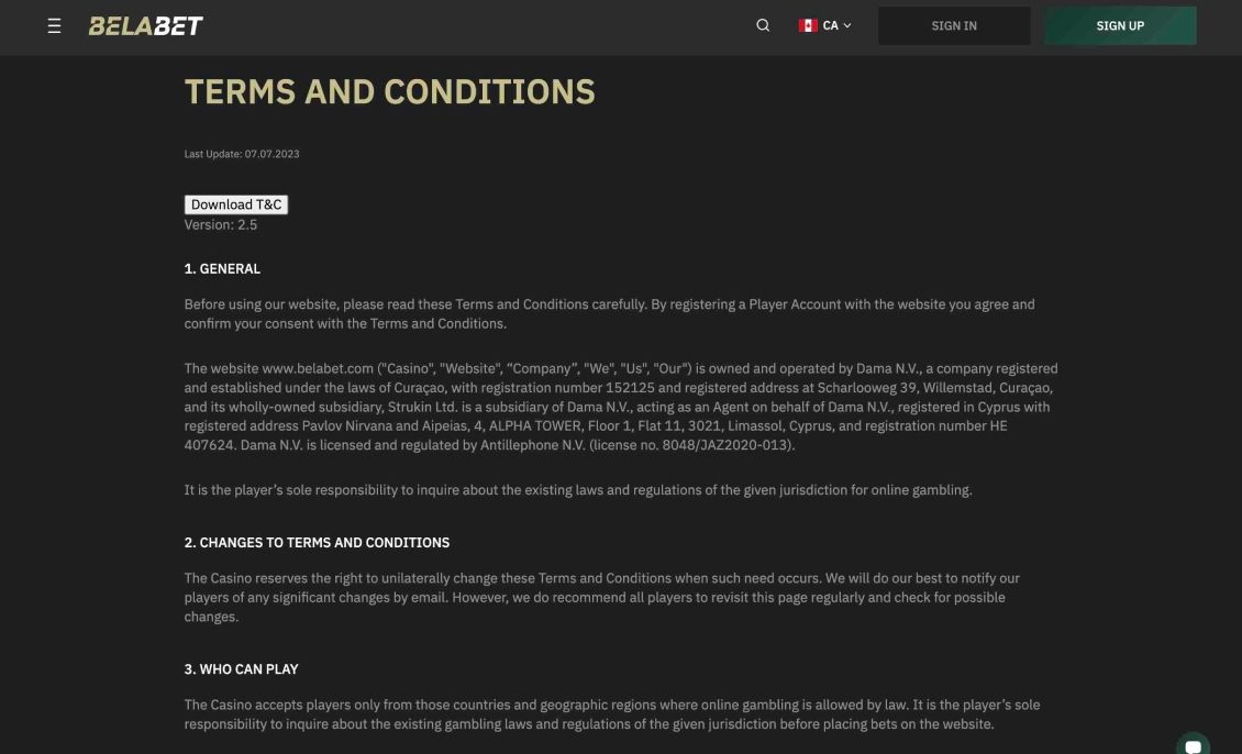 Image of Belabet Casino Terms and Conditions page