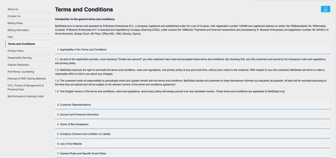 Screenshot of terms and conditions at BetGlobal casino