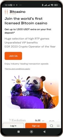 Bitcasino main page on the phone screen