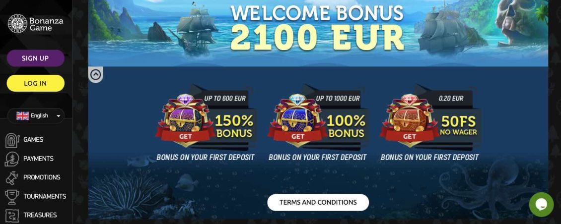 Bonuses page at BonanzaGame Casino site