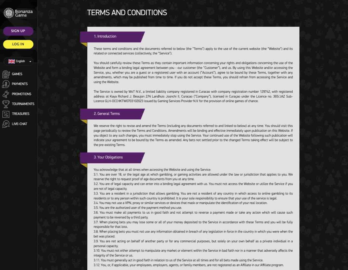 terms and conditions page at bonanzagame casino
