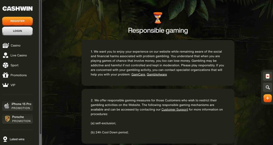Image of Cashwin Casino page about responsible gaming
