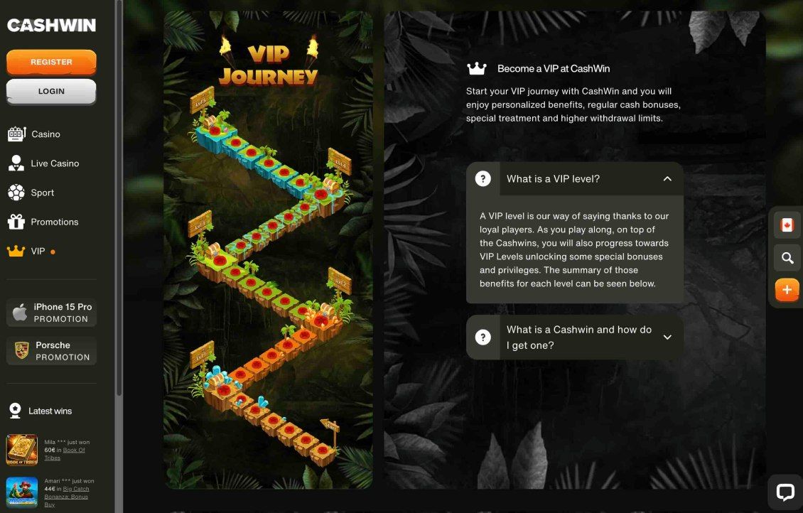 Image of Cashwin Casino page about VIP program