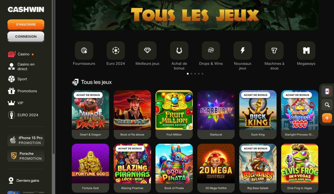 Liste des jeux disponibles sur Cashwin Casino