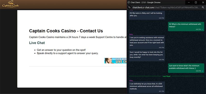 Screenshot of the live chat with Casino Classic support