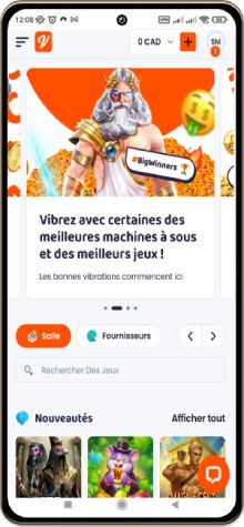 Capture d'écran de la page principale de CasinoVibes sur mobile