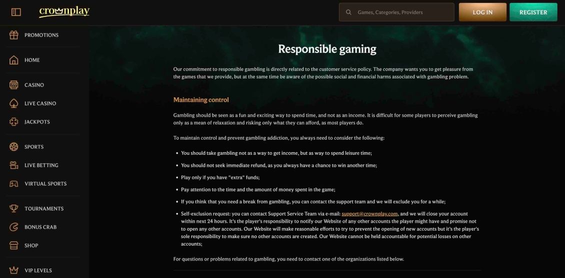 Image of Crownplay Casino page about responsible gaming
