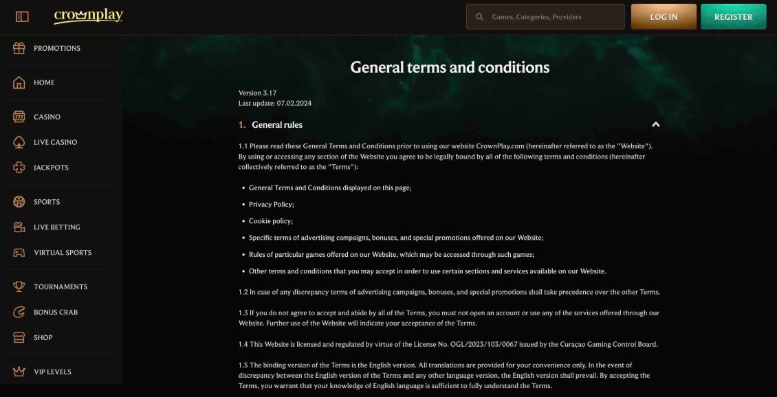 Image of Crownplay Casino Terms and Conditions page