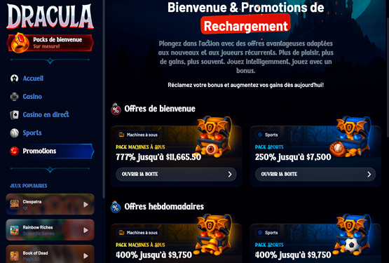 Page des promotions du casino Dracula