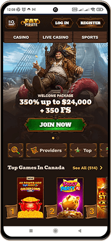 Mobile screenshot of the Fatpirate Casino main page