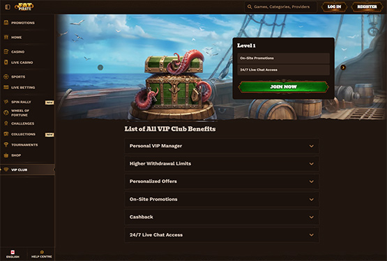 Fatpirate Casino vip club page