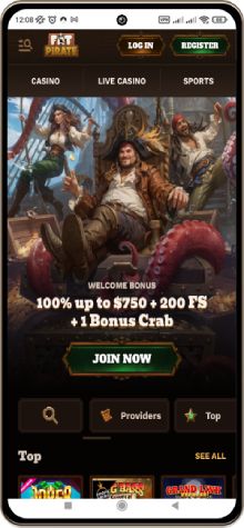 Mobile screenshot of the Fatpirate Casino main page