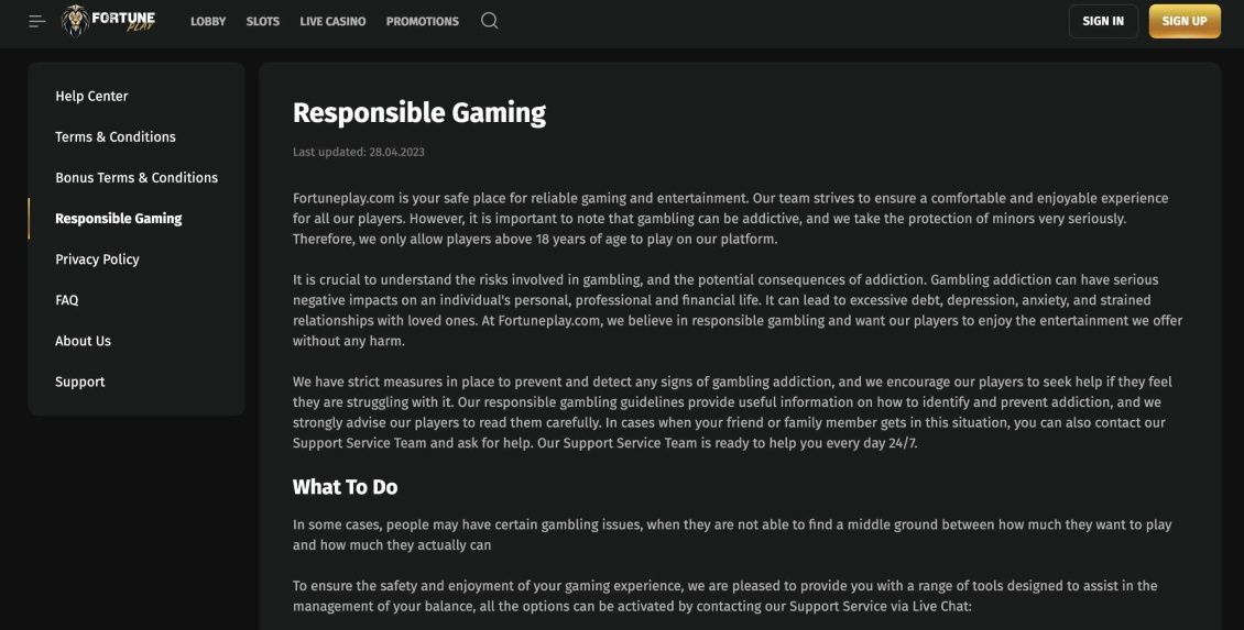 Image of FortunePlay Casino page about responsible gaming