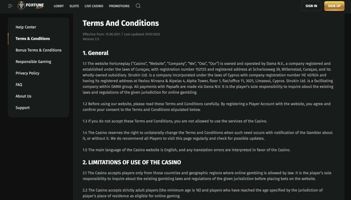 Image of FortunePlay Casino Terms and Conditions page