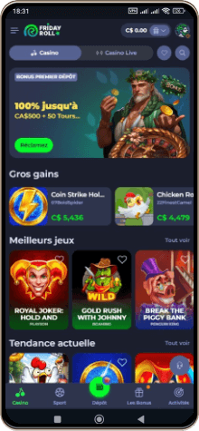 Capture d'écran de la page principale de FridayRoll Casino sur mobile