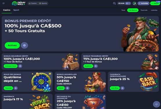 Page des promotions du casino FridayRoll