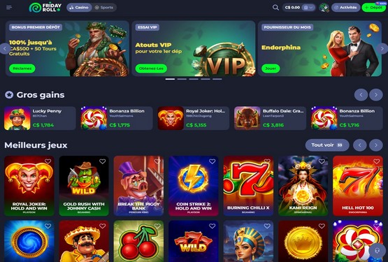 Page principale du casino FridayRoll
