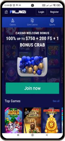 Mobile screenshot of the Frumzi Casino main page