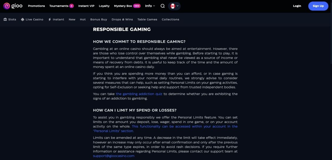 Image of Gioo Casino page about responsible gaming