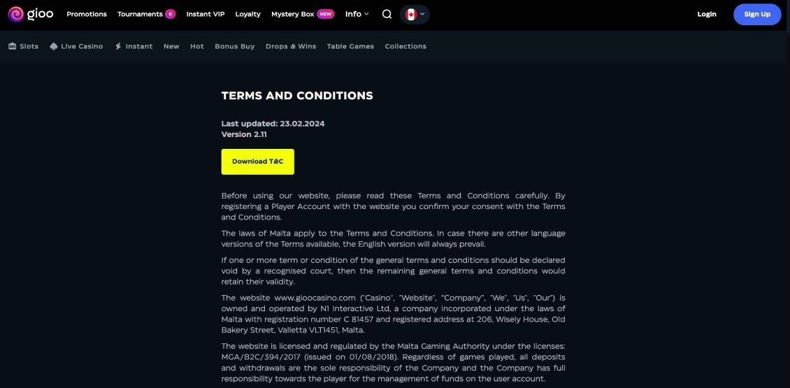 Image of Gioo Casino Terms and Conditions page