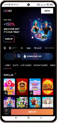 Mobile screenshot of the Gizbo Casino main page