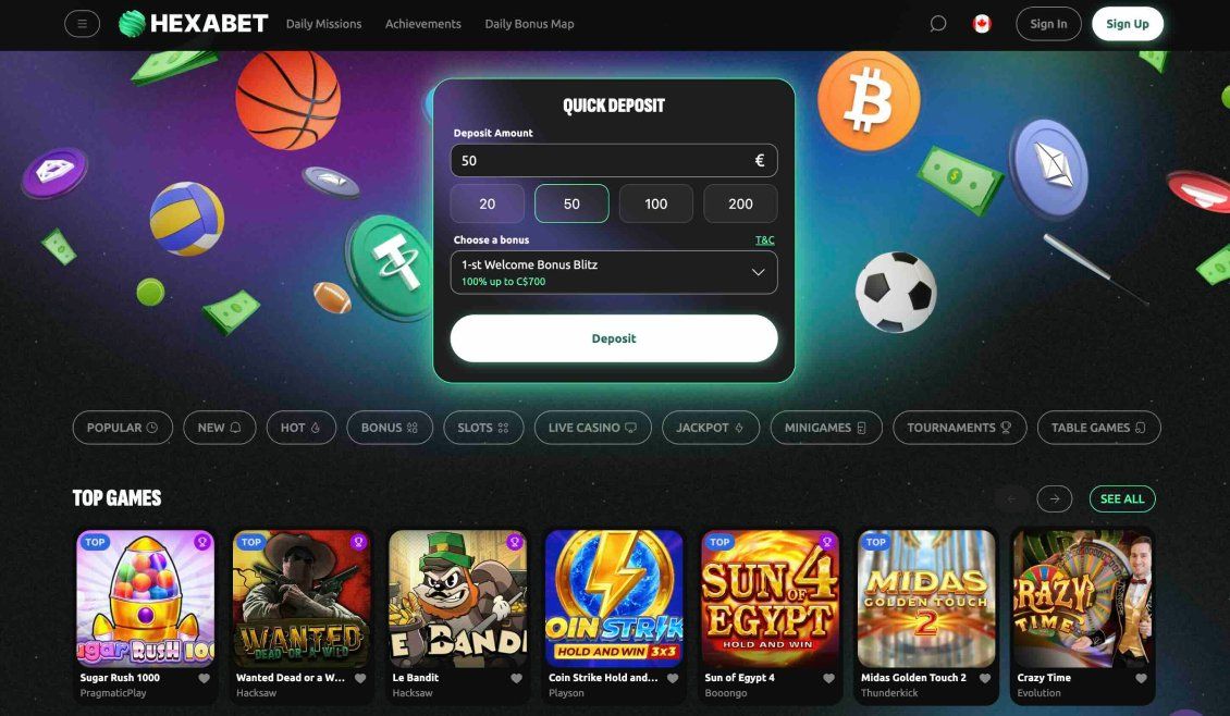 Image of main page of Hexabet Casino