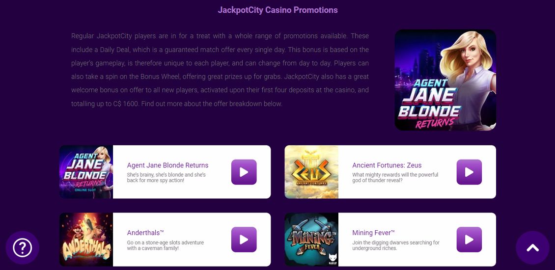 Bonuses page at Jackpot City Casino site