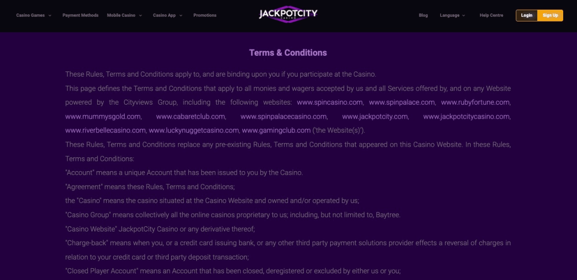 Screenshot of terms and conditions at Jackpot City casino