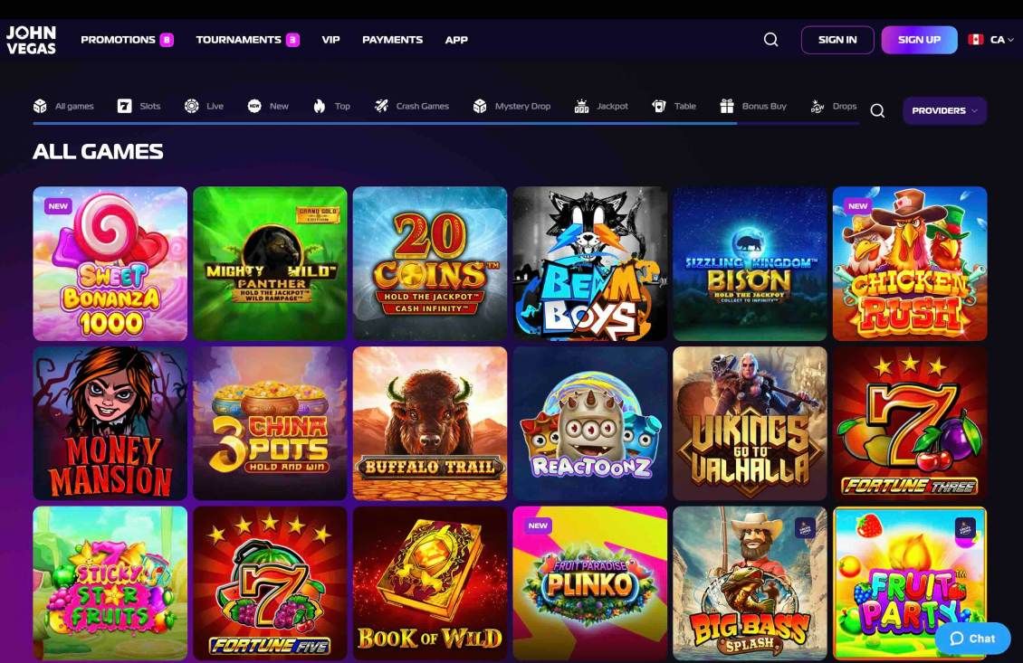 List of available games at JohnVegas Casino